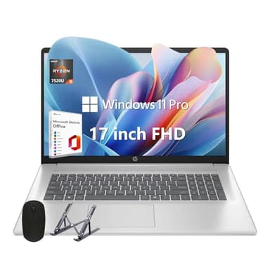 HP 17 Laptop, 17.3" FHD Display, 8GB DDR5 RAM, 512GB SSD, AMD Ryzen 5 Processor(Beats i7-1165G7, Up to 4.3GHz), Lifetime MS Office + Windows 11 Pro, Alpacatec Accessories, Silver, Video Editing Laptop