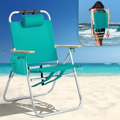 VINGLI Aluminum Backpack Beach Chair – Tall Beach Chairs for Adults, Portable with Adjustable Straps, 3-Position Reclining, Cup Holder, 2 Pillow,High Lightweight Beach Chairs (Green, 17" High)