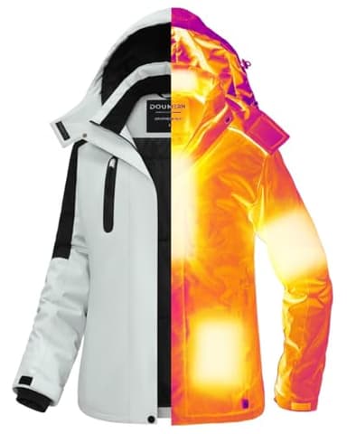 Graphene Heated Jacket Women Rechargeable Battery Pack 18400 mAh Winter Warming Waterproof Electric Heating Coat with Detachable Hood, White Black, XL, Mom Grandma Sister Girlfriend Birthday Gift