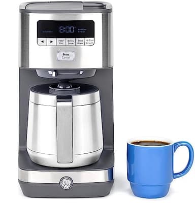 GE Drip Coffee Maker With Timer | 10-Cup Thermal Carafe Coffee Pot Keeps Coffee Warm for 2 Hours | Adjustable Brew Strength | Wide Shower Head for Maximum Flavor | Kitchen Essentials | Stainless Steel
