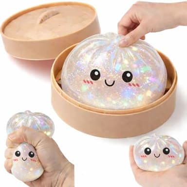 Glitter Dumpling Squishy Box Real Squishy Dumplings Squishies Fidget Toys Adults & Teens Large Adults Anxiety Relief Squeeze Toy for Boys Girls Easter Basket Stuffers,Glitter White