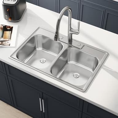 Lanxlic 33 Inch Drop In Double Bowl Kitchen Sink, 33x22 Topmount 18 Gauge 304 Stainless Steel 50/50 Kitchen Sinks, Three Holes with Basket Strainer, 33" x 22" x 9"