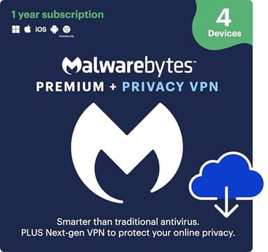 Malwarebytes Premium + Privacy VPN bundle | 1 Year, 4 Devices | Windows, Mac OS, Android, Apple iOS, Chrome [Online Code]