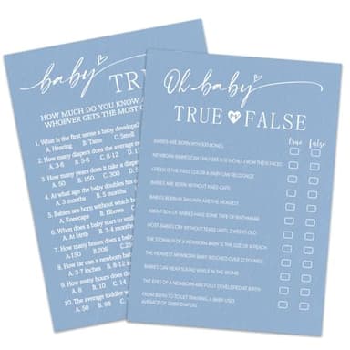 MBYHP 30 Pcs Baby Shower Game Cards & 1 Pcs Answer Card - True Or False & Baby Trivia - Minimalism Blue Double-Sided Game Gender Reveal,Announcement Party Supplies - B04