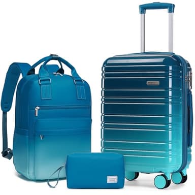 LARVENDER Carry on Luggage 22x14x9 Airline Approved Hardshell Suitcase with Wheels TSA Lock, PC+ABS Lightweight Suitcase Set for Women with Travel Backpack, Ocean Breeze, 3 Piece Set