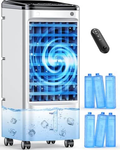 CENSTECH Windowless Portable Air Conditioners w/6Ice Packs, 4Modes&3Speeds, 600Sq.ft Swamp Cooler, Dual Tank for 15H Cooling, 12H Timer, 26Ft Remote, 65°Swing Evaporative Air Cooler for Bedroom Indoor