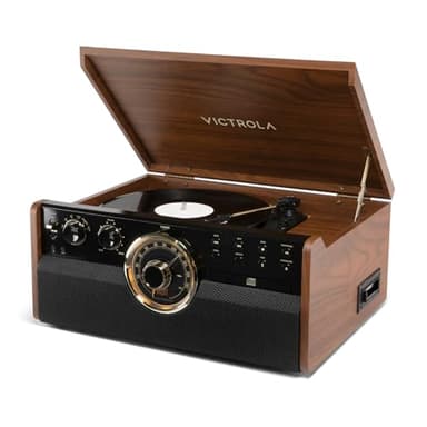 Victrola The Empire Mid-Century 6-in-1 Turntable & Multimedia Center with Built-in Speakers – 3 Speed, Bluetooth Connectivity, Radio, Cassette & CD Player, RCA Out, Headphone Jack (Walnut)