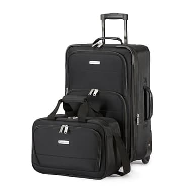 Amazon Basics Softside Luggage Set, 23-Inch Expandable Suitcase with Wheels and 15-Inch Tote, Extra Space (+15%), Front Pockets, Telescopic Handle, Black