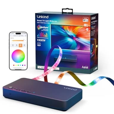 Linkind AI Sync TV Backlight Kit, HDMI 2.0 LED Strip with Decor Lighting for Home, Sync to Movie/Game/Music, 4K@60Hz for 27-90 inch TVs, Compatible with Alexa and Google Assistant