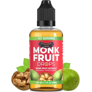 Monk Fruit Extract (6 Drops = 1 Tsp of Sugar) Zero Calories, Non-GMO, No Fillers - Liquid Monk Fruit Sweetener No Erythritol by Transparency Foods NEW FORMULA (1.7oz, 167 servings)