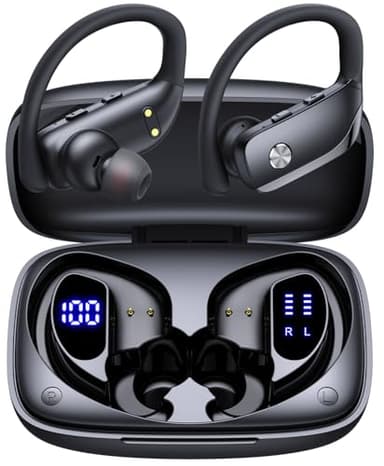 bmanl Wireless Earbuds Bluetooth Headphones Over Ear Hooks Ear Buds with 80H Playtime, LED Power Display, Dual Mic Clear Calls, Sports Wireless Ear Buds Bluetooth Earbuds for Running Gym Workout Black