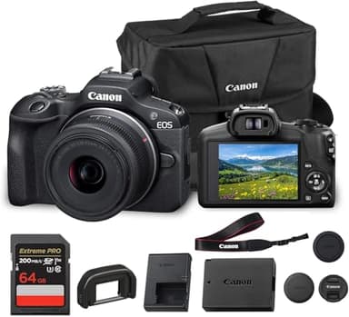 Canon EOS R100 Mirrorless Camera with RF-S 18-45mm f/4.5-6.3 is STM Lens | 24.1MP APS-C CMOS Sensor, Dual Pixel AF, Full HD Video | Compact RF Mount Camera for Beginners with Bag and 64GB Card