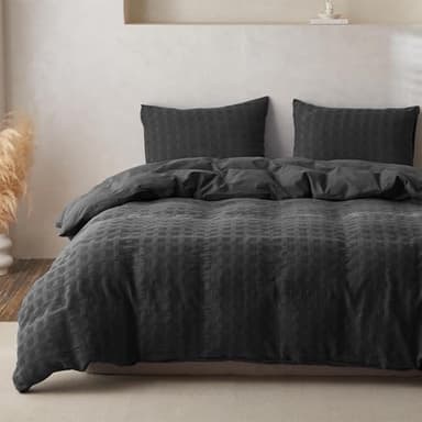 BISELINA 100% Cotton Duvet Cover Set Waffle Weave 3PCS (1 Comforter Cover, 2 Pillow Shams) Reversible Soft Skin-Friendly Breathable Shabby Chic Bedding for All Season - Charcoal Grey, Queen Size