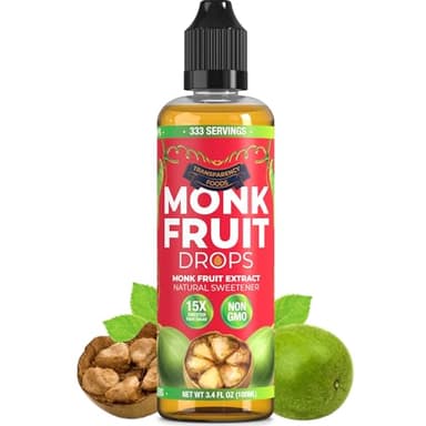 Monk Fruit Extract (6 Drops = 1 Tsp of Sugar) Zero Calories, Non-GMO, No Fillers - Liquid Monk Fruit Sweetener No Erythritol by Transparency Foods NEW FORMULA (3.4oz, 333 servings)