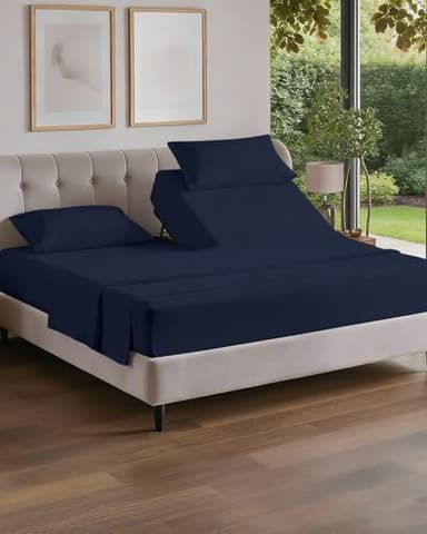 Flex Top Split Head King 4 Piece Sheet Set - Comfy Breathable & Cooling Bed Sheets Set - Hotel Luxury Bedding for Women, Men, Kids, Teens, Boys & Girls - Deep Pockets, Soft and Oeko-Tex - Navy Blue
