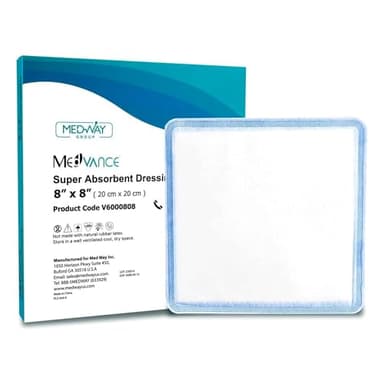 MedVance Super Absorbent Dressing, Dressing Pads for Wound Care, for Pressure Ulcers and 1st/2nd Degree Burns, Superior Moisture Absorbency Bandages, Box of 5 dressings (8"x8")