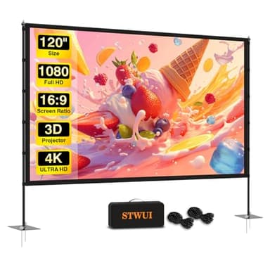 STWUI Outdoor-Projector-Screen-with-Stand - 120 inch Portable Projector Screen Indoor Outdoor Projector Screens 16:9 4K HD Lightweight Movie Screen with Carry Bag for Backyard Movie Night
