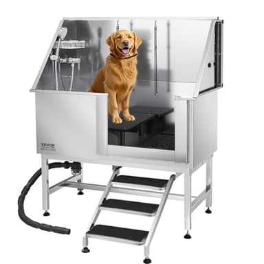 VEVOR Stainless Steel Dog Washing Station, 50 inch Pet Grooming Tub w/Stairs, PE Water Filter Board, Faucet & Showerhead & Soap Holder Dog Bathtub for Large & Medium & Small Pets (Right Door)
