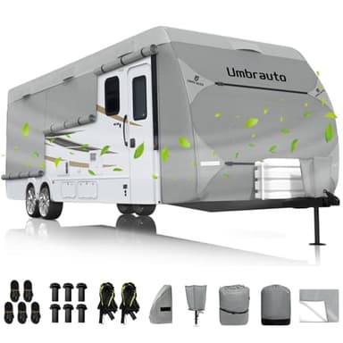 Umbrauto RV Cover Fits 20-22ft Travel Trailer: Lightweight, Waterproof Camper Cover for Toy Hauler, Winter Campsite, with Gutter Covers, Tongne Jack Covers, Windproof Straps