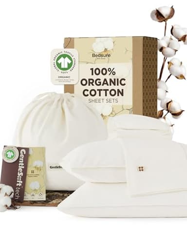 Bedsure 100% GOTS Organic Cotton Sheets, Fair Trade Certified Queen Bedding Set, Eco-Friendly, Soft, 17 inches Deep Pocket Queen Sheet, Sateen Weave Cotton Luxurious Hotel Bed Set, Ivory