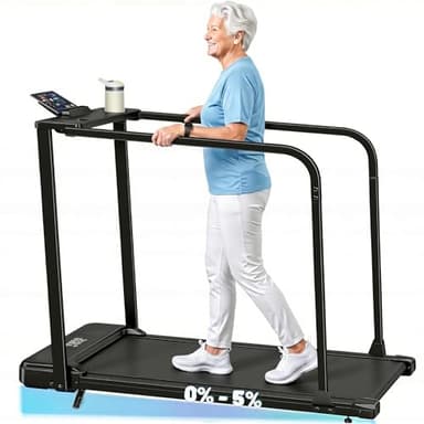 Walking Pad with Long Handrails for Seniors - Compact Treadmill with Incline for Home, Recovery Machine with Wheels, Remote Control, LED Display, Cup & Phone Holder