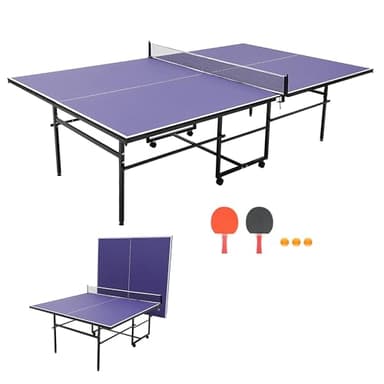 9FT/8FT Table Tennis Game Set, Professional Indoor/Outdoor Foldable Ping Pong Table with Waterproof Net for Adults/Teens,2 Paddles and 3 Balls- Single Player Playback Mode -Quick Assembly