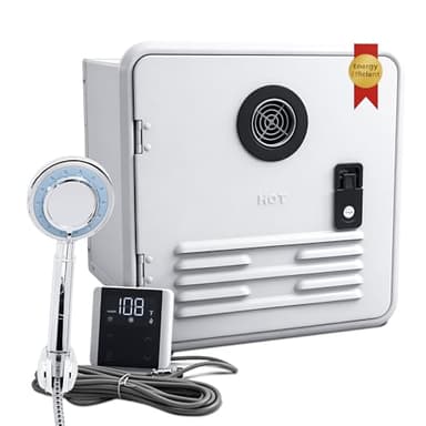 Tankless RV Water Heater, 60000BTU Instant Hot Water System, 15x15 Inch White Door, Compatible with Most RVs for Shower, Dishwashing & Outdoor Use