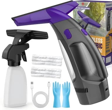 Window Vacuum Squeegee Cordless, 2000Pa Electric Window Cleaner with Power Blade, Vacuum Squeegee for Window Cleaning, Streak-Free Window Vacuum with 360ml Spray Bottle for Windows, Mirrors, Tiles