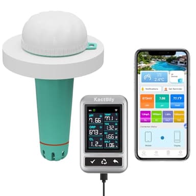 kactoily New Digital Pool Water Tester with App, Smart Pool Monitor for Chlorine, pH, Salinity, ORP, EC, TDS and Temperature, Real-time Alert and Magnetic Charging for Pool, Hot Tub & Spa