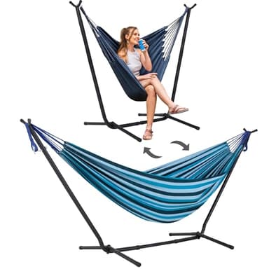 SUNCREAT 2-in-1 Convertible Backyard Fabric Hammock with Stand, Blue Stripe