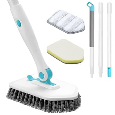 nacena Shower Scrubber with Long Handle, 3 in 1 Tile Tub Scrubber Brush with 3 Detachable Cleaning Heads Adjustable Handle Shower Cleaner Brush for Bathroom, Kitchen, Toilet, Wall, Sink, Blue White