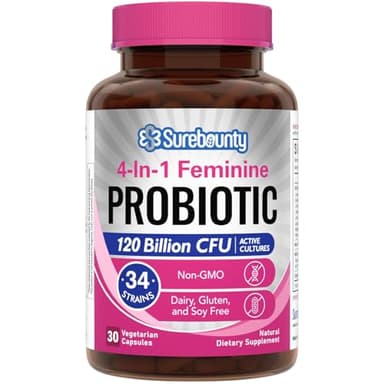 Surebounty Probiotics for Women, 120 Billion CFU 34 Strains, Prebiotics, Digestive Enzymes, Cranberry, 4-in-1 Feminine Probiotic, Digestive, Vaginal, Immune Support, 30ct
