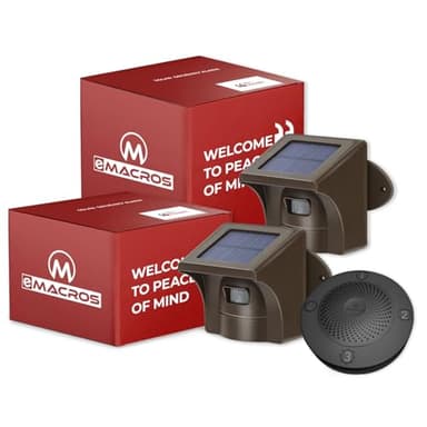 eMACROS Solar Wireless Driveway Alarm System (1/2 Mile Range, 1 Receiver & 2 Solar Sensors) - Weatherproof Outdoor Motion Detector for Farm, Long Driveway & Property Security