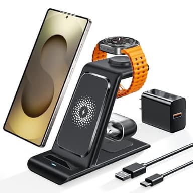 Wireless Charging Station for Samsung Wireless Charger Galaxy S26 Ultra/S25/S24/S23/S22/Note20 Z Fold Flip7 Galaxy Watch 8/7/6/5/4/3 Active 2/1 Stand Galaxy Buds4/4 Pro/3/2 Pro/Live Multiple Devices