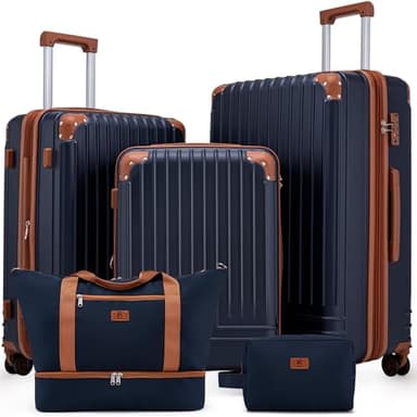 KUNEL Expandable 5 Piece Luggage Sets with Detachable Spinner Wheels and TSA Lock, Unisex Hardside ABS Suitcase Set, Hardshell Lightweight Waterproof Travel Hard Case Suitcases with Wheels, Darkblue