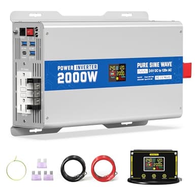 ASMONTRIC 2000W Pure Sine Wave Power Inverter 24V DC to 120V AC Converter 4000 Watt Peak Power Multi-Display Screen with 2 GFCI Outlet 30W USB and 18W Type-C for Car RV Truck Boat Off-Grid, Gray Blue