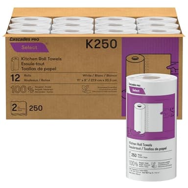 Cascades PRO Select Kitchen Roll Towel - Strong and Absorbent 2-Ply Paper Towels for Kitchens, Breakrooms, Schools, Offices - Recycled, Compostable - 250 Sheets/Roll, 12 Rolls/Box -K250 - White