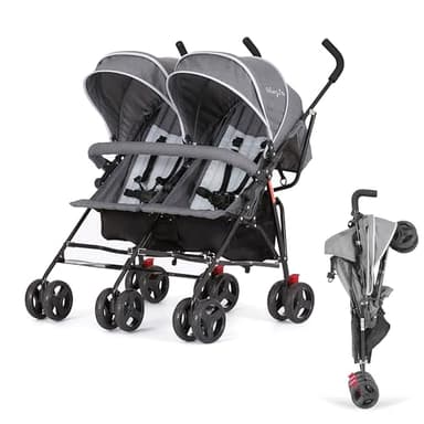 Dream On Me Volgo Twin Baby Stroller, Lightweight Side-by-Side Double Umbrella Stroller with Adjustable Canopy, 5-Point Harness, Storage Basket & Travel-Friendly Fold – Dark and Light Grey