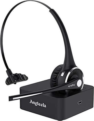 Angteela Trucker Bluetooth Headset with Microphone, Wireless Cell Phone Headset with Noise Canceling Mic Charging Base Mute Function for Home Office Call Center Skype (Black&Silver)