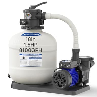 AQUASTRONG Sand Filter Pump for Above Ground Pool with Timer, Pool Pumps Above Ground, Pool Filter With 6-Way Valve, Improved Circulation and Filtration, 18in, Up to 28000 GAL