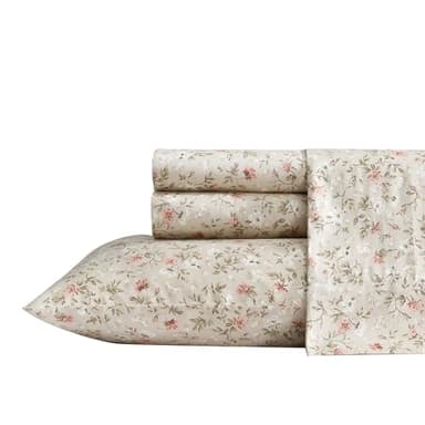 Laura Ashley - Queen Sheet Set, Buttery-Soft Bed Sheets with a Naturally Silky Smooth Cotton Sateen Lightweight Feel - Matching Pillowcases & Fitted Sheet (Bonnie Beige)