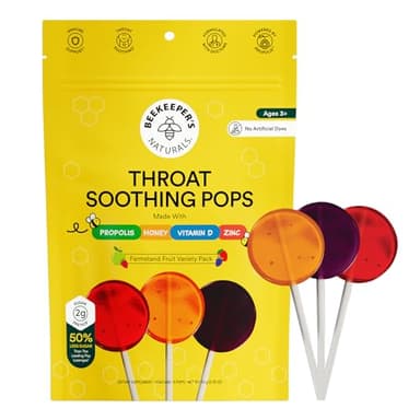 Kids Throat Soothing Lollipops by Beekeeper's Naturals - Doctor Formulated Immune Support, Vitamin D & Honey, Under 2g Sugar, Clean Ingredients,15 ct