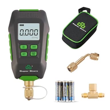 Super Stars Digital Micron Vacuum Gauge, 1/4 inch SAE, HVAC Pressure Tester with Alarm, Temp Compensation, LCD Backlit Display, 4 Units, Carrying Case Included