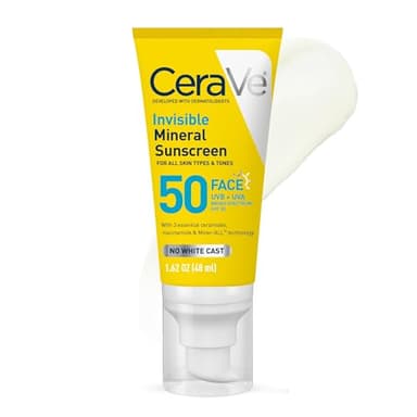 CeraVe Invisible Mineral Sunscreen SPF 50, Face Sunscreen for Sensitive Skin With Zinc Oxide & Titanium Dioxide, Vitamin E + Niacinamide + Ceramides, Oil Free, Travel Size 1.62 oz