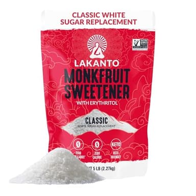 Lakanto Monk Fruit Sweetener With Erythritol, White Sugar Substitute From Monk Fruit Extract, Classic White Sugar Replacement for Baking, Coffee & Tea, Gluten Free, Low Carb, Non GMO, Keto, 5 LB Bag