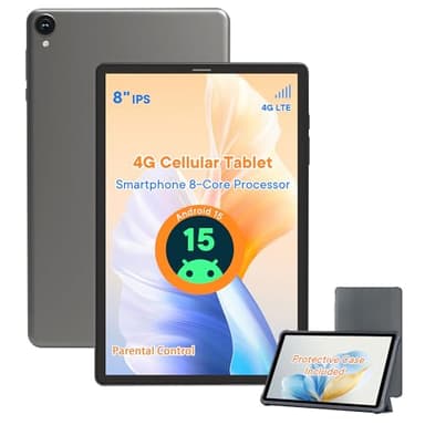 HAOVM Android 15 Tablet 8 Inch,4G SIM Unlocked Tablet, Octa-Core CPU 2.0GHz, 12 GB+64 GB, TF Expandable, IPS Display, 5G WiFi, 5MP+8MP Dual Cameras,5100mAh, GPS, Gray Case