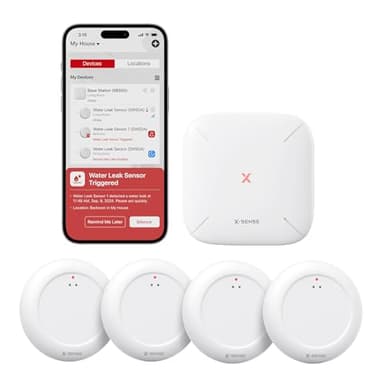 X-Sense Wi-Fi Water Leak Detector Kit, Smart Water Sensor Alarm with App Alerts and Ultra-Slim Design, Water Alarm Leak Detector for Basements, 4 Water Sensors and 1 Base Station, Model SWS0A41
