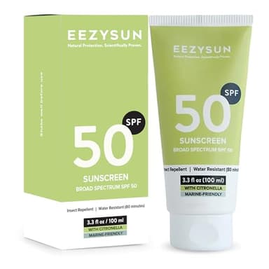 EEZYSUN SPF 50 Sunscreen and Insect Repellent - Water-Resistant Sunscreen Travel Size & Bug Repellent with Citronella Oil, Lemongrass, and Neem Oil - Reef-Safe Bug Repellent Outdoor - 3.3 fl oz