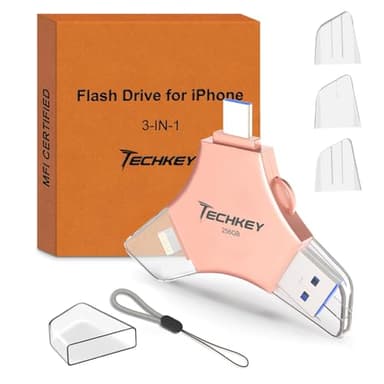 USB 3.0 Flash Drive for iPhone 256GB: MFi Certified 3in1 External Memory Photo Keeper Storage Stick for Picture/Video/Data Saver/Backup High Speed Thumb/Jump/Hard Drive USB Port Cards -Pink