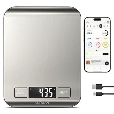 Ultrean Smart Food Kitchen Scale with Nutritional Calculator, App for Macro & Calorie Tracking, AI Scan, Digital Grams and Ounces for Weight Loss, Rechargeable, Stainless Steel, 33lb /15kg